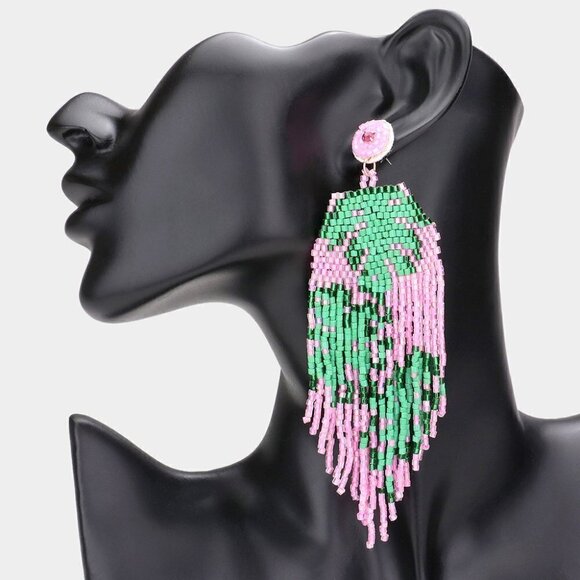 First Class Tropical Leaf Pointed Beaded Women's Fringed Dangle Earrings - Picture 1 of 6